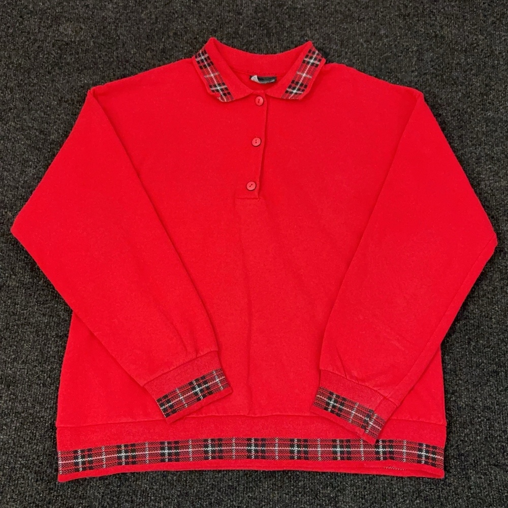 BonWorth Polo Shirt Womens L Red Fleece Plaid Collar Long Sleeve Pullover Winter